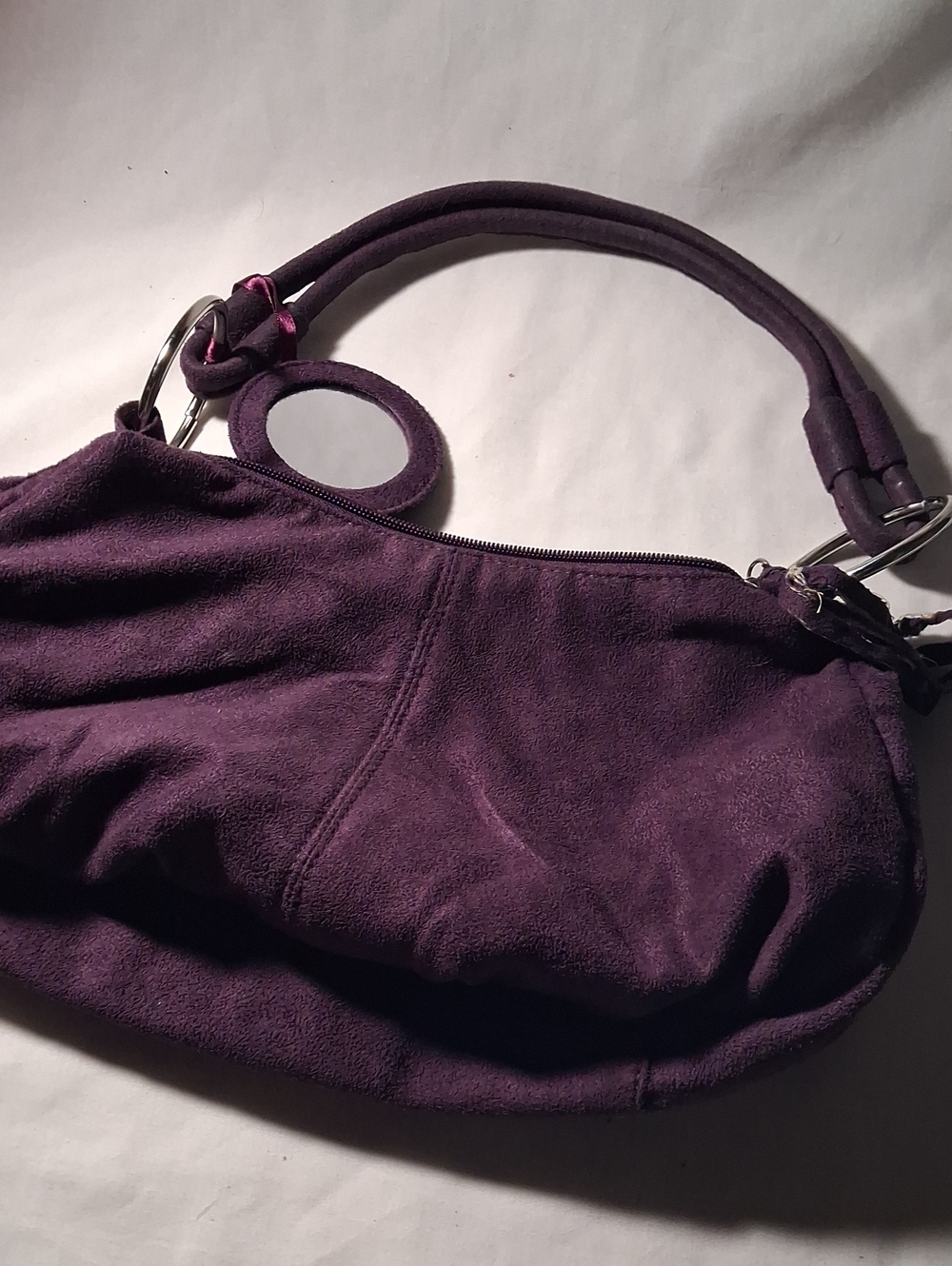Purple Suede-like Hand Bag With Attached Mirror